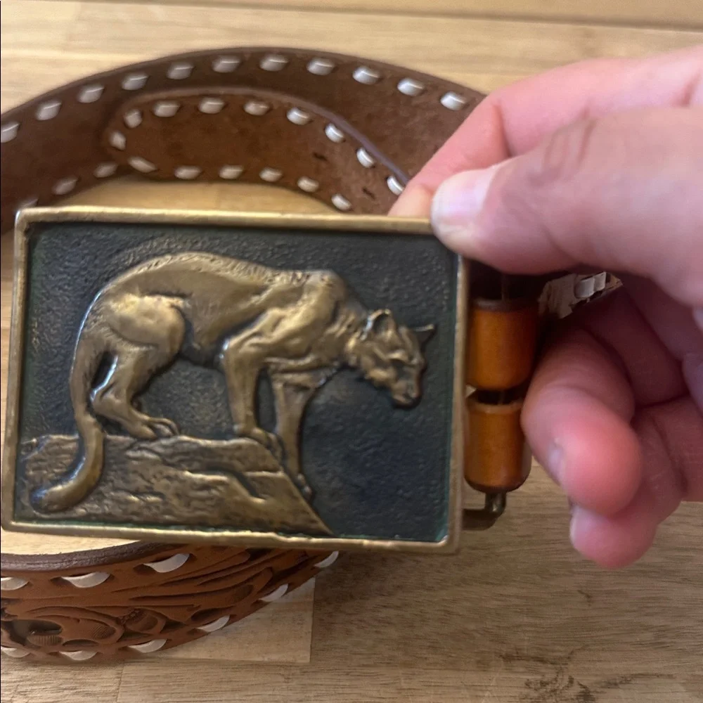 RAMS HORN Justin solid bronze Cougar belt buckle 1976 and Tomy Lama belt